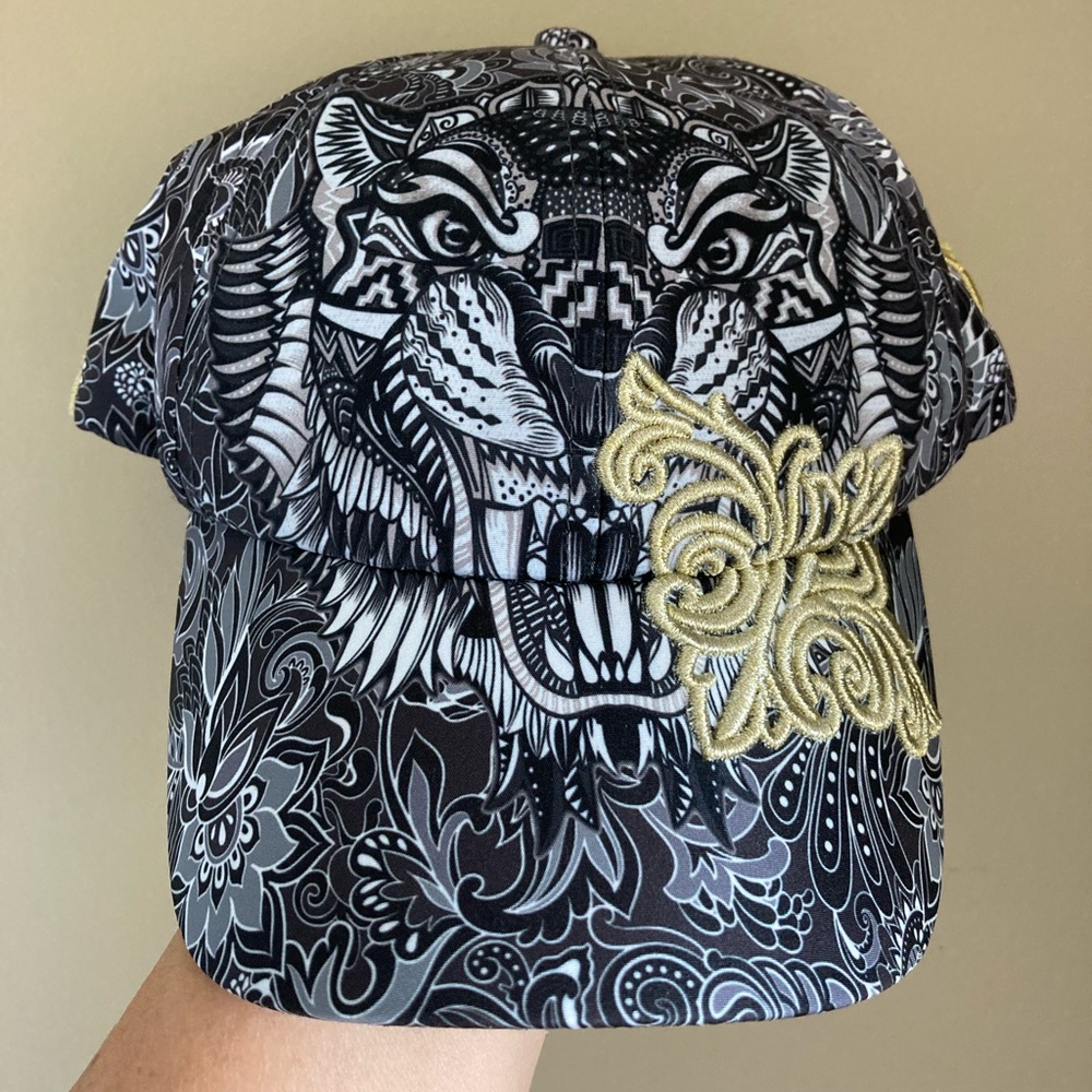 ¡Ay Güey! Tiger Cap, Hat, Tatoo Style Design, Gold Embroidery, Black,Gray, Gold